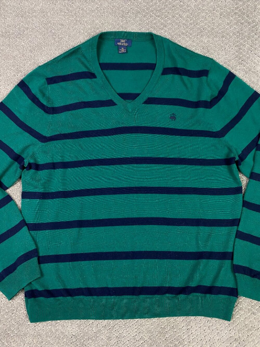 Brooks Brothers Merino Wool Sweater Mens XL Green Navy Blue V Neck Pullover